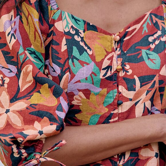 New ~ Floral Linen Tie-Sleeve Dress in Rio Multi by Garnet Hill size XS - Picture 2 of 14